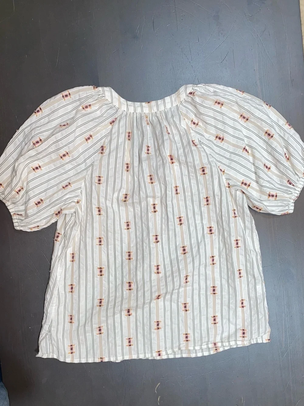 LOFT White Striped Tie-Neck Puff Sleeve Cotton Blouse - S